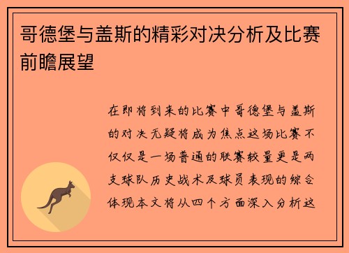 哥德堡与盖斯的精彩对决分析及比赛前瞻展望