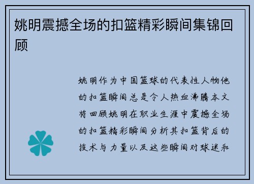 姚明震撼全场的扣篮精彩瞬间集锦回顾